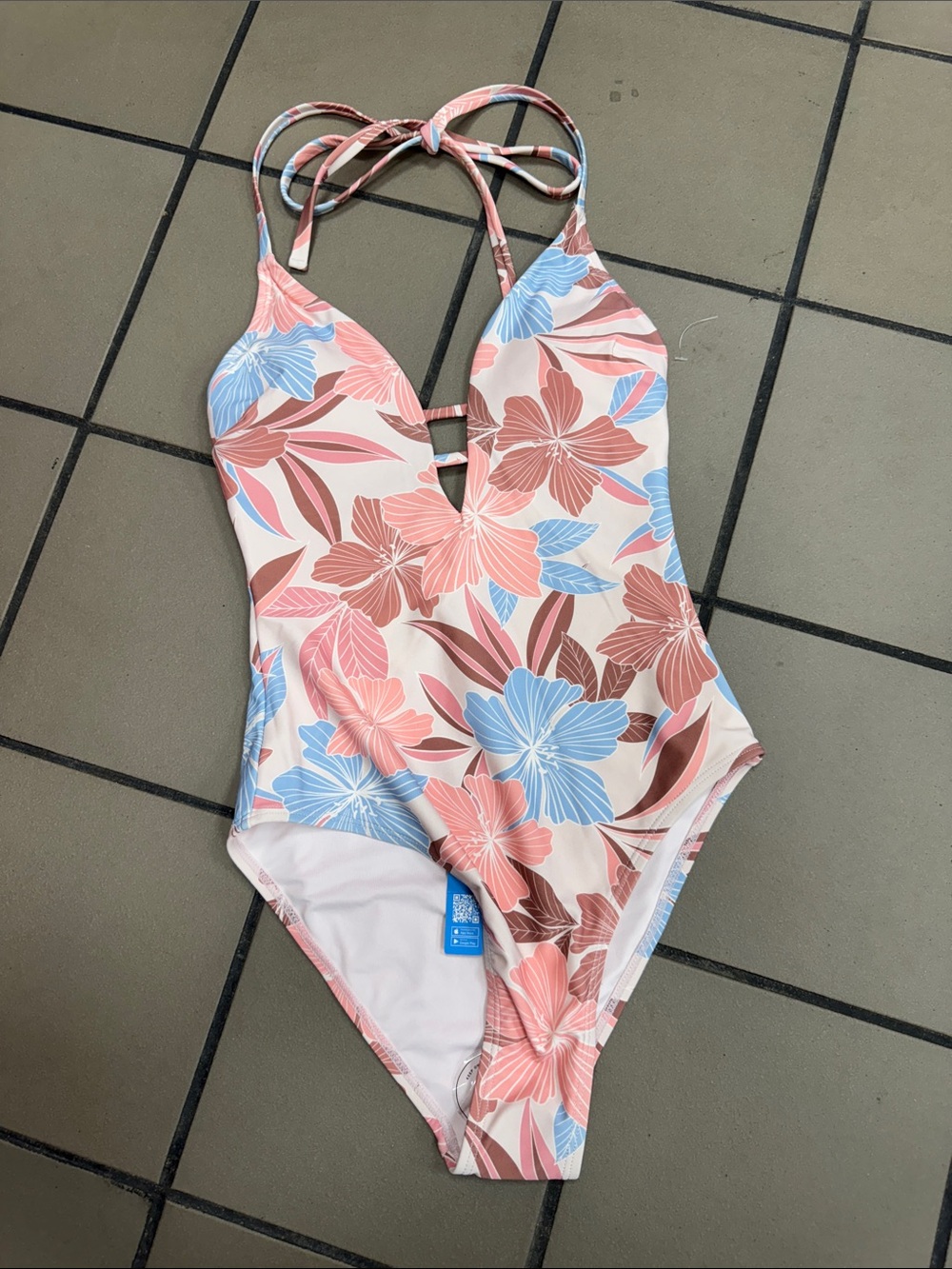 Cupshe Pink Floral Halter One-Piece Swimsuit with Blue & Brown Accents